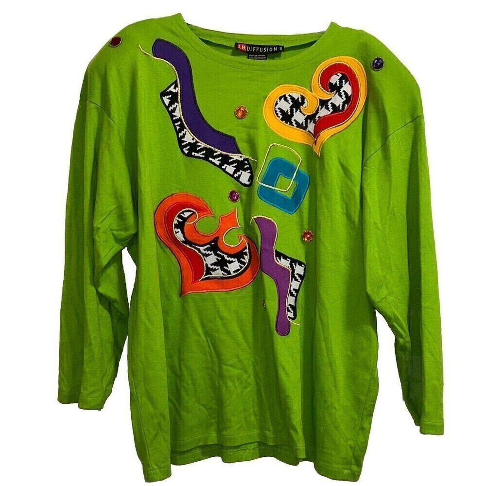 I‎ B Diffusion Green Colorful Top Womens Plus 2X Shoulder Padded Blouse 90s Y2K